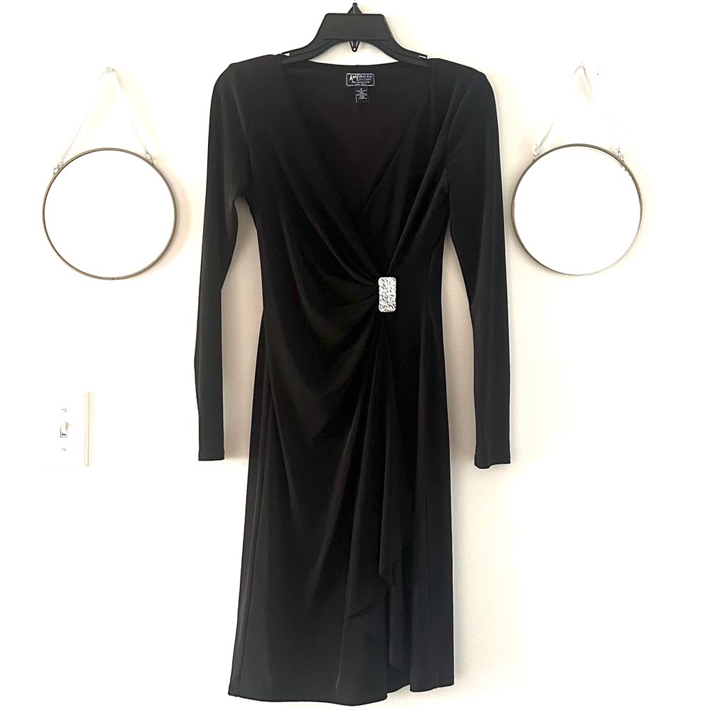 American Living Black Long Sleeve Dress with Rhinestone Accent